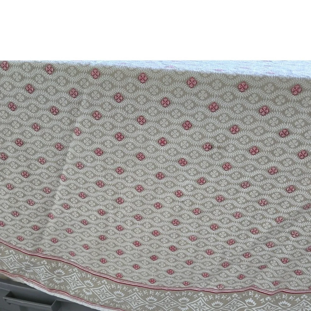 Williams-Sonoma 90 Inch Round Tablecloth 100% Cotton Taupe Red Floral Trellis